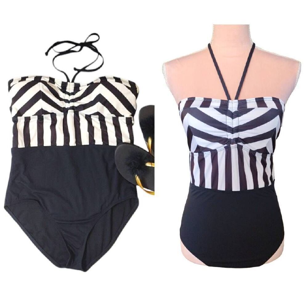 GUESS Black White High Waist Bandeau One Piece Swimsuit Medium
